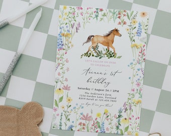 Editable Gallop on Over Girl 1st Birthday Invitation, Wildflowers Horse Invitation, Cowgirl Birthday, Horseback Riding, Fully Editable#S246