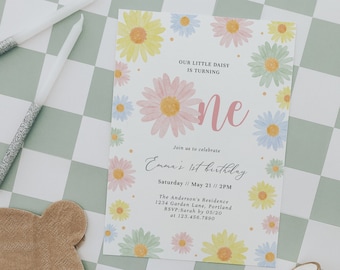 Pastel Daisies Birthday Invitation, Daisy 1st Birthday Invitation, Girl Daisies Birthday Invitation, Flower Power, Fully Editable#S235