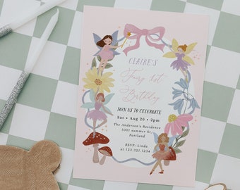 Convite de Aniversário de 1 Ano com Tema de Fada, Convite para Festa de Aniversário de 1 Ano com Tema de Fada, Convite de Aniversário Encantado para Menina, Totalmente Editável #S245