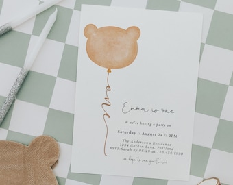 Minimal Baby Bear Balloon Birthday Invitation, Modern Bear Birthday Invite, Teddy Bears Picnic, Brown Bear Invite, Fully Editable#Y231