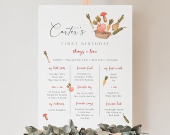 May include: A watercolor illustration of a first birthday sign with a vegetable theme. The sign includes the name "Carter's" and details about the child's first year, including their birth stats, favorite foods, toys, songs, and books. The sign is decorated with a basket of vegetables and a mushroom.