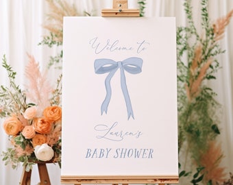 Editable Elegant Blue Bow Welcome Sign Template - Modern Pretty Bows Birthday Party & Baby Shower Decor - Fully Customizable#S252