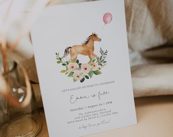 May include: A white invitation card featuring a brown horse illustration, a pink balloon, and floral elements. The card includes the text "Emma is five" and event details. The card is from Honeywild Paperie.