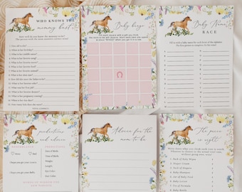 Floral and Horse Baby Shower Editable Game Bundle, Kentucky Derby Baby Shower Activities, Fully Editable Horse Baby Shower Games#S246