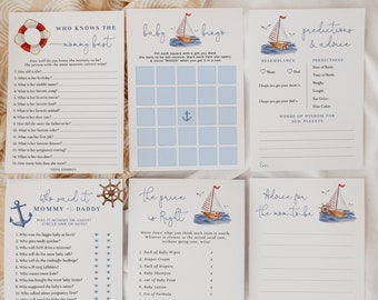 Nautical Baby Shower Games Bundle, Ahoy It’s a Boy Sailboat Ocean (Editable Template)