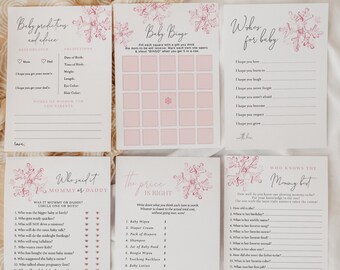 May include: A set of printable baby shower games with pink and white snowflakes. The games include "Baby Predictions and Advice", "Baby Bingo", "Wishes for Baby", "Who Said It: Mommy or Daddy", "The Price is Right", and "Who Knows the Mommy-to-Be".