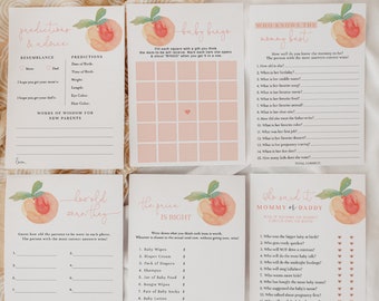 May include: A set of printable baby shower games with a peach theme. The games include "Predictions & Advice", "Baby Bingo", "Who Knows the Mommy Best", "How Old Were They", "The Price is Right", and "Who Said It Mommy or Daddy".