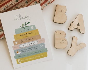 Gender Neutral Storybook Stack Babypartyeinladung, Storybook Babyparty einladen, Buch-Liebhaber, Baby Sprinkle Invite, vollständig bearbeitbar #R36