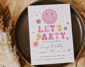 Invitación de cumpleaños de Pink Preppy Let's Party Girl, invitación de fiesta de cumpleaños de cara sonriente rosa, cualquier edad, totalmente editable #Y226