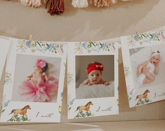 Gallop on Over 1st Birthday Photo Banner Template, Wildflowers Horse Monthly Photo Banner, First Year Photo Milestone, Fully Editable#S246