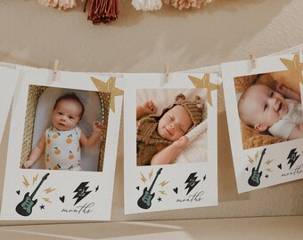 Banner mensual con fotos del primer cumpleaños de One Rocks Baby, fotos del primer año de un bebé estrella de rock, banner de cumpleaños de rock and roll, totalmente editable #YC4