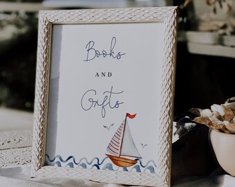 Nautical Party Printable Baby Shower Favors Sign, Custom Sign, Books and Gifts Sign, Add Your Own Text, • Fully Editable Template#YR9