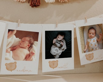 Modern Bear 1st Birthday Monthly Photo Banner, Teddy Bears Picnic, Brown Bear Birthday Banner, Baby&#39;s First Year Photos, Fully Editable#Y231