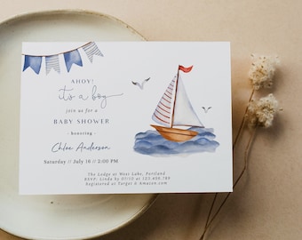 May include: Ahoy! It's a boy baby shower invitation with a watercolor illustration of a sailboat on the ocean. The invitation is for Chloe Anderson and is scheduled for Saturday, July 16th at 2:00 PM at The Lodge at West Lake, Portland. RSVP to Linda by July 10th at 123.456.789. The event is registered at Target and Amazon.com.