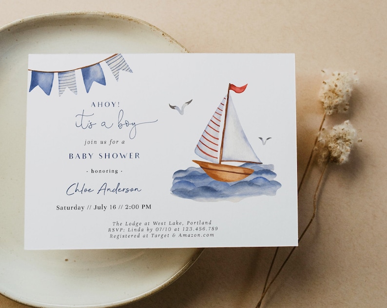 Ahoy Its a Boy Baby Shower Invite Nautical Baby Shower Invitation Sailboat Invitation Navy Ocean baby shower Fully Editable