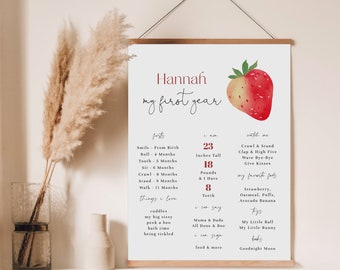 Aardbei baby mijlpaalbord, Berry Sweet eerste verjaardag mijlpaalbord, mijn eerste jaar teken, aardbei verjaardag decor, volledig bewerkbaar #S7