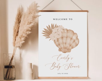 Bohemian Beach Baby Shower Welcome Poster, Ocean Baby Shower Welcome Sign, Earthy Seashell Welcome Sign, Fully Editable#S221