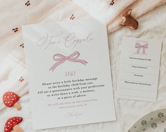 Dusty Pink Bow 1st Birthday Time Capsule Sign and Matching Printable Message Cards for Baby 1st Birthday, Pink Ribbon, Fully Editable#S251