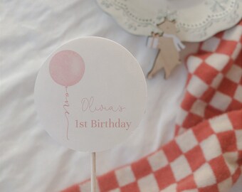 Editable Printable Pastel Pink Balloon Cupcake Toppers, 1st Birthday Party Decorations#YB2
