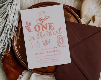Editable Cowgirl First Birthday Invitation - Wildest One in the West - Girl's Western First Birthday - Pink Western Rodeo Theme#YE1