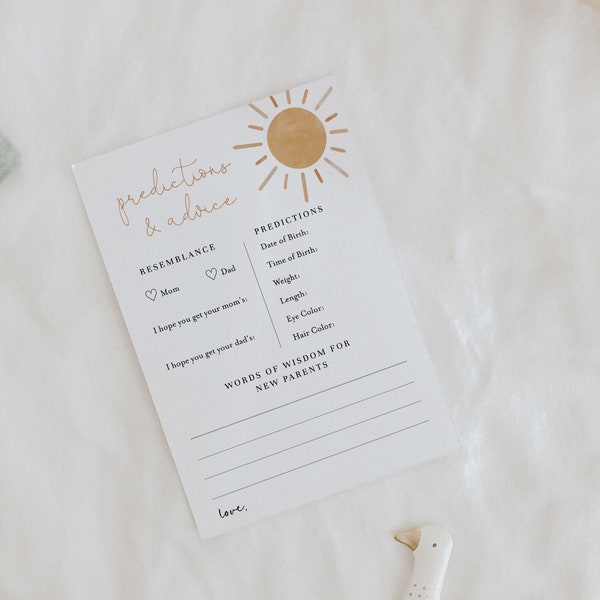 Baby Prediction and Advice Cards Neutral Boho Sun Baby Shower Editable Game, Printable Sunshine Baby Shower Game, Here Comes The Sun#Y230