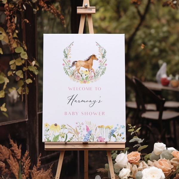 Floral and Horse Baby Shower Welcome Sign, Go Baby Go Pony Baby Shower Welcome Sign, Derby Baby Shower • Fully Editable Template#S246