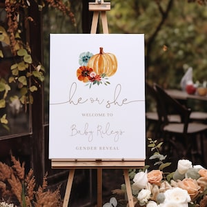 Boho Pumpkin Gender Reveal Large Welcome Sign | Editable He or She Pumpkin Gender Reveal Party Sign | Fall Gender Reveal Welcome Sign#FA9