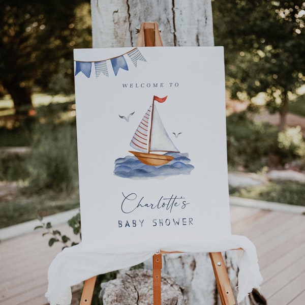 Nautical Party Welcome Sign, Ahoy It's a Boy Baby Shower Welcome Sign, Sailboat Sign• Fully Editable Template#R9