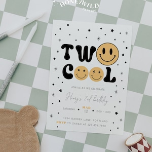 TWO Cool 2nd Birthday Invitation, Boy Second Birthday Party Invite, Modern Two Cool Smiley Face Invitation, Fully Editable#Y223