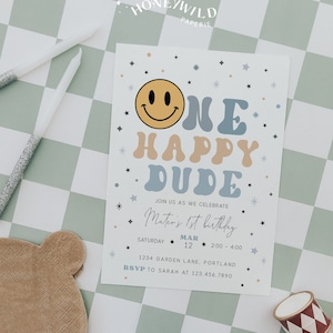 Modern Smiley Face 1st Birthday Invitation, One Happy Dude, Boy 1st Birthday Invitation Template, Fully Editable#YC3