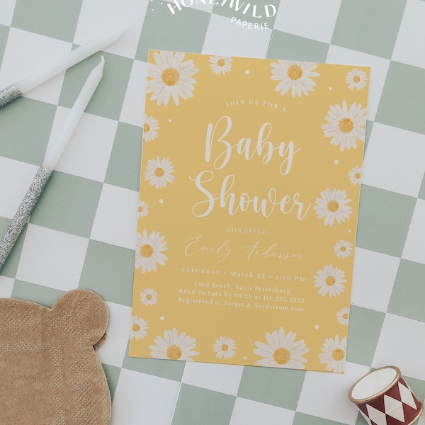 Yellow Daisy Floral Girl Baby Shower Invitation Template, Daisy Baby Shower Invitation, Fully Editable#S236