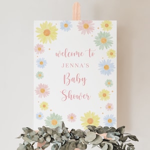 Pastell Gänseblümchen Mädchen Geburtstag Willkommensschild, Blumen Thema, Pastel Daisies Baby Shower Willkommen, Baby in Bloom Dekoration, voll bearbeitbar#S235