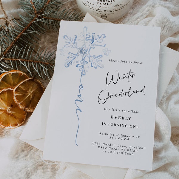 Invitation hiver Onederland, Invitation premier anniversaire flocon de neige, Invitation flocon de neige minimaliste, 1er anniversaire moderne, entièrement modifiable #W2