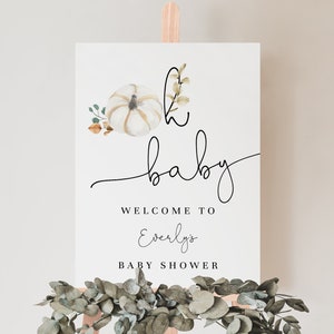 Oh Baby, Little Pumpkin Baby Shower Sign, Greenery White Pumpkin Welcome Poster, Oh Boy Baby Shower Welcome Sign, Fully Editable#FA7
