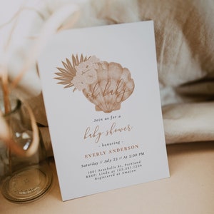 Bearbeitbare Boho Mermaid Babyparty Einladung - Gebrannte Orange Strand Shell Invite - Erdige Boho Babyparty Vorlage#SU5