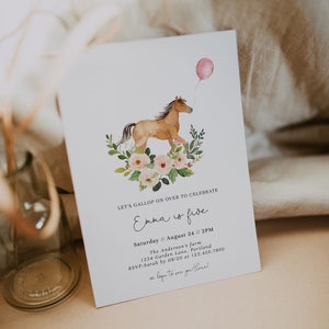 Gallop On Over Birthday Invitation, Pony with Pink Balloon Birthday Invitation Horse Birthday Invitation, Fully Editable#A9
