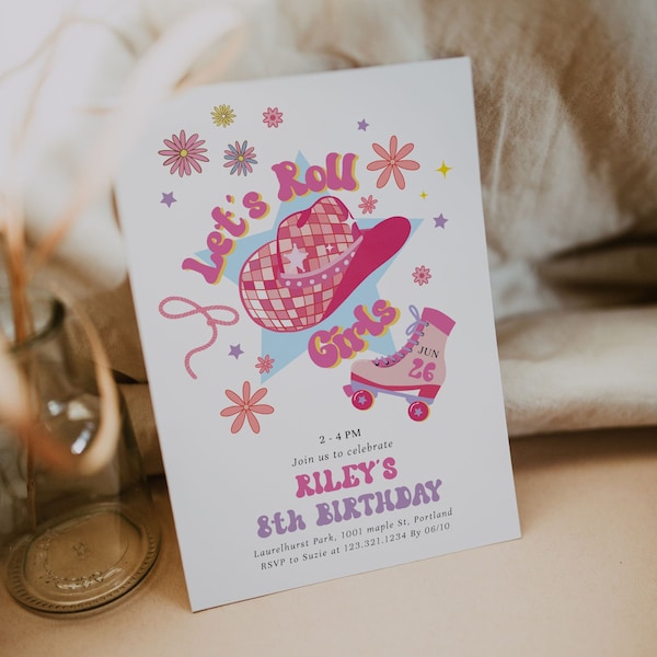 Let's Roll Girls Birthday Invitation, Roller Skate Birthday Invitation, Pink Disco Cowgirl Skating Invitation, Any Age, Fully Editable#Y246