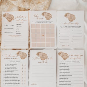 Bohemian Beach Baby Shower Editable Game Bundle, Ocean Baby Shower Activities, Earthy Shell, Fully Editable Baby Shower Games#SU5