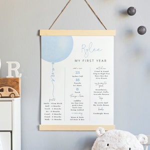 Tablero de hitos del 1er cumpleaños del bebé con globo azul pastel, letrero de hito de recuerdo de Baby Blue, tablero del primer año del bebé, totalmente editable #YB1