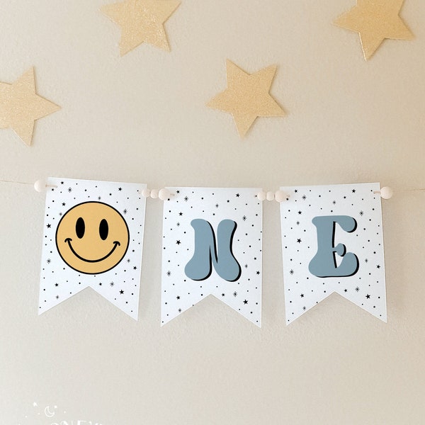 ONE Happy Dude 1st Birthday Banner, Editable Smile Face 1st Birthday Highchair Banner, Fully Editable Printable#Y222