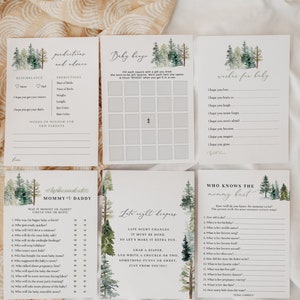 Winter Greenery Baby Shower Games Bundle, Baby It&#39;s Cold Outside Shower Activities, Evergreen Trees, Fully Editable Baby Shower Games#W233