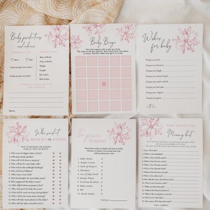 Lot de jeux de baby shower d'hiver flocon de neige rose, activités de douche extérieur fille bébé il fait froid, jeux de baby shower entièrement modifiables # WS1