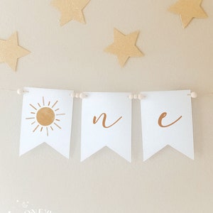 Boho Sun Geburtstag Banner Vorlage, Erste Reise um die Sonne, DIY Hochstuhl Banner, Boho Sonnenschein, voll editierbar druckbar#Y230