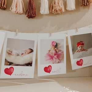 Banner fotográfico para el primer cumpleaños de mi pequeño amor, banner fotográfico mensual, hitos fotográficos del bebé en San Valentín, totalmente editable e imprimible #23V1