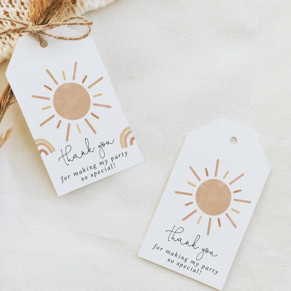 Sunshine Birthday Party Favor Tags, Sunshine Baby Shower Thank You Favor Tag, Rainbow and Sunshine Favor Tags, Fully Editable Template#R17