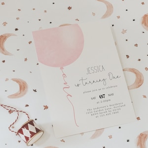 Girl 1st Birthday Invitation | Pastel Pink Balloon Theme | Minimalist Baby Pink 1st Birthday Invite | Pink 1st Birthday, Fully Editable#YB2