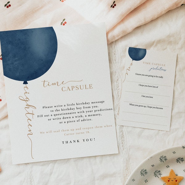 Navy Blue and Gold Birthday Time Capsule Sign and Matching Printable Message Cards • INSTANT DOWNLOAD • Fully Editable Template#R11