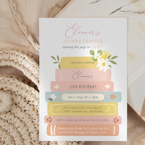 Editable Storybook 2nd Birthday Invitation - Book Themed Party Invite - Second Chapter Girl Birthday Template,Turning the Page to Two!#Y236