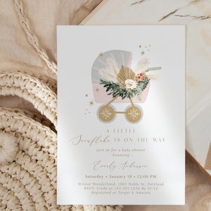 Winter Greenery Snowflake Baby Shower Invitation | A Little Snowflake is on the Way | Winter Girl Baby Shower Invite | Fully Editable#WS0