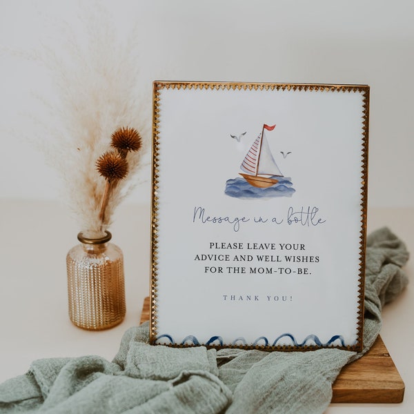 Nautical Baby Shower Well Wishes For The Mom To Be Sign, Message in a Bottle, Ahoy It's a Boy Baby Shower, Fully Editable Template#R9